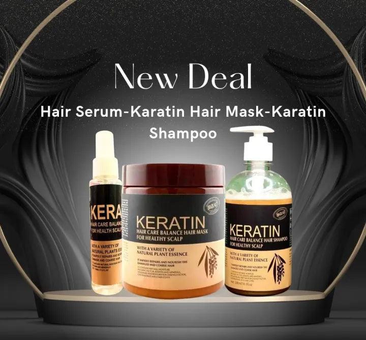 Keratin shampoo +keratin hair mask + keratin serum 3 pcs deal Keratin Hair Care Balance Hair Mask & Hair Treatment – (500ml) By Cosmaticsx1